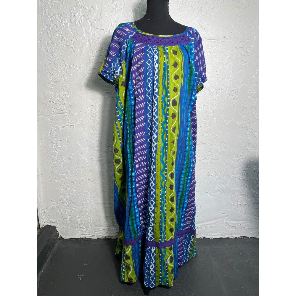 Loungees Colorful Cotton Boho Caftan Maxi Dress Large Crochet Trim